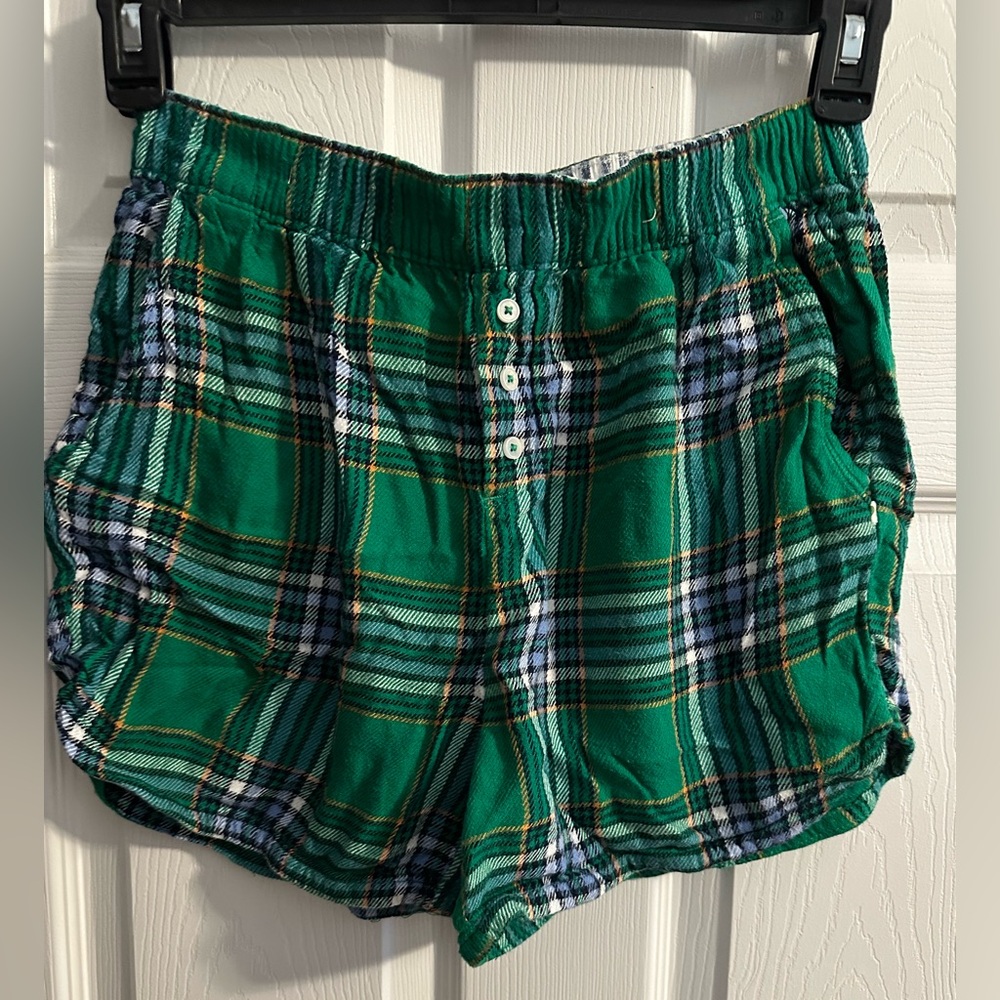 Aerie Green Plaid Flannel Pajama Shorts